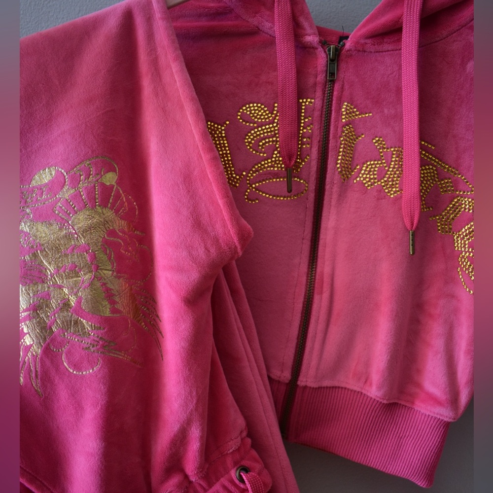 Ed Hardy Hot Pink Velvet Zip-Up Tracksuit